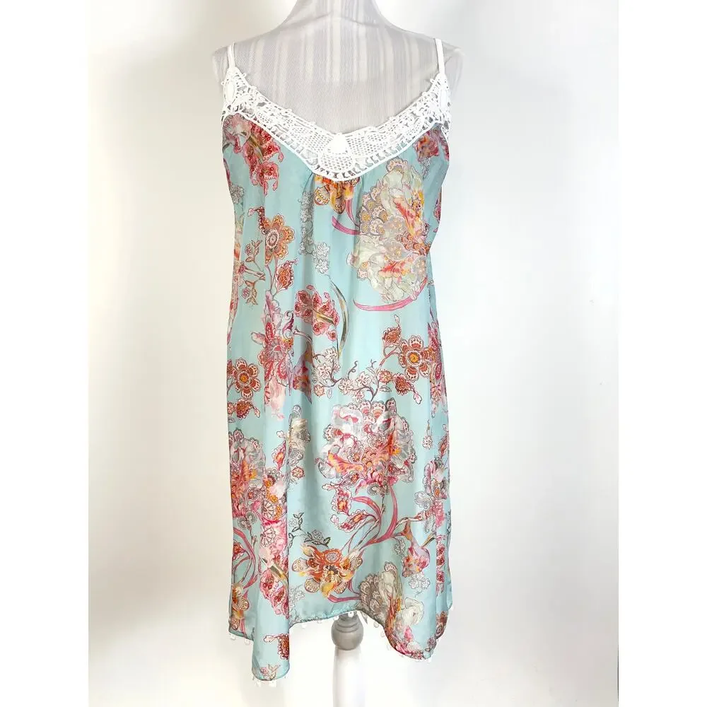 Papinelle Blue Paisely Lace Trim Cotton Silk Blend Night Gown Size XL